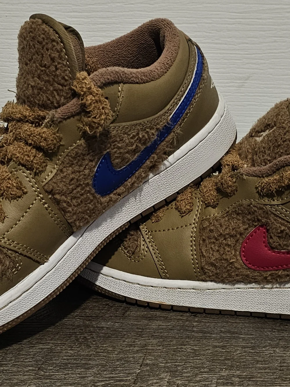 Kids Brown Shearling Sneakers with Blue & Pink Swoosh - Nike